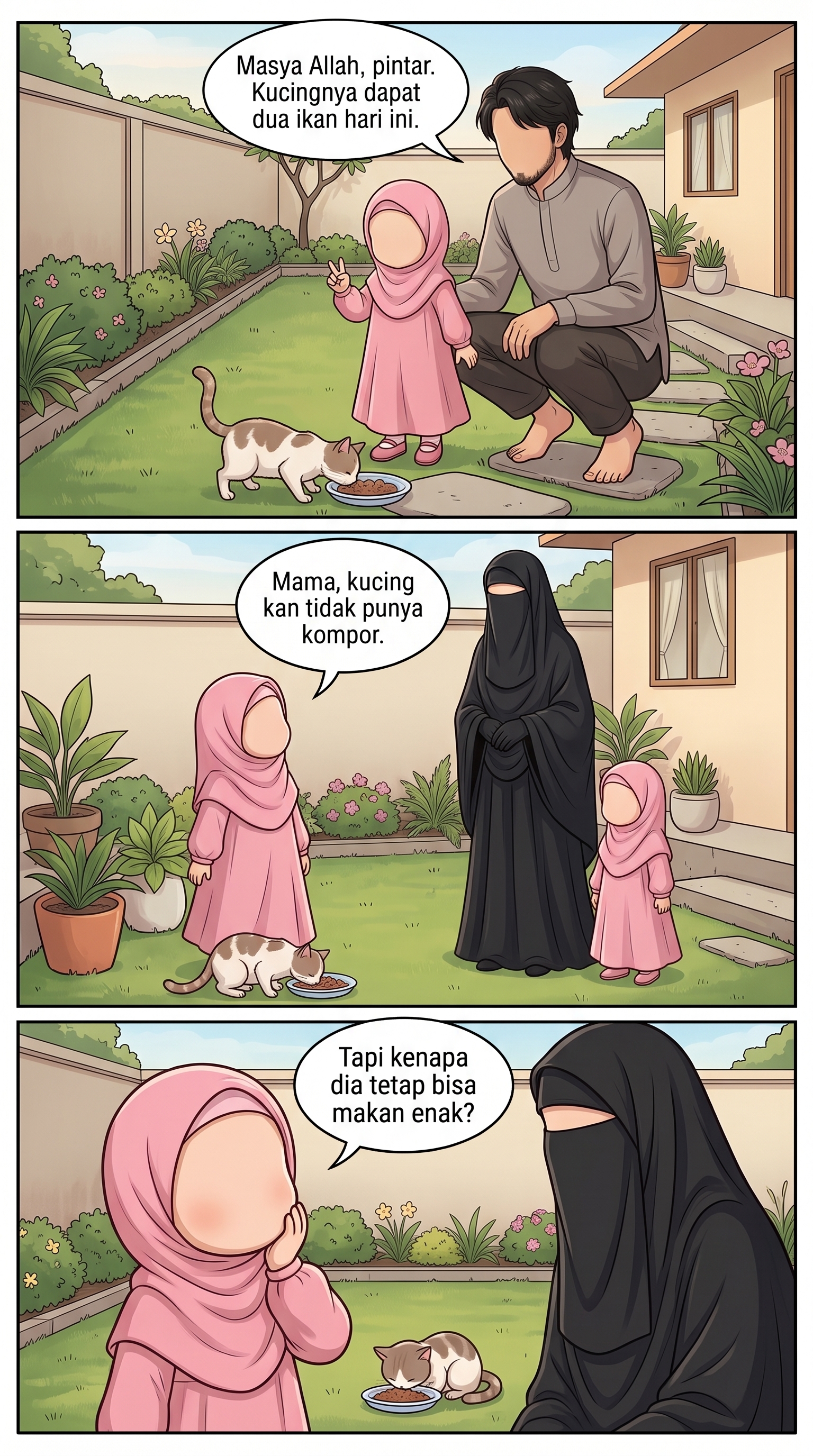 Cuplikan komik orang tua menjelaskan makna nama Allah kepada anak.